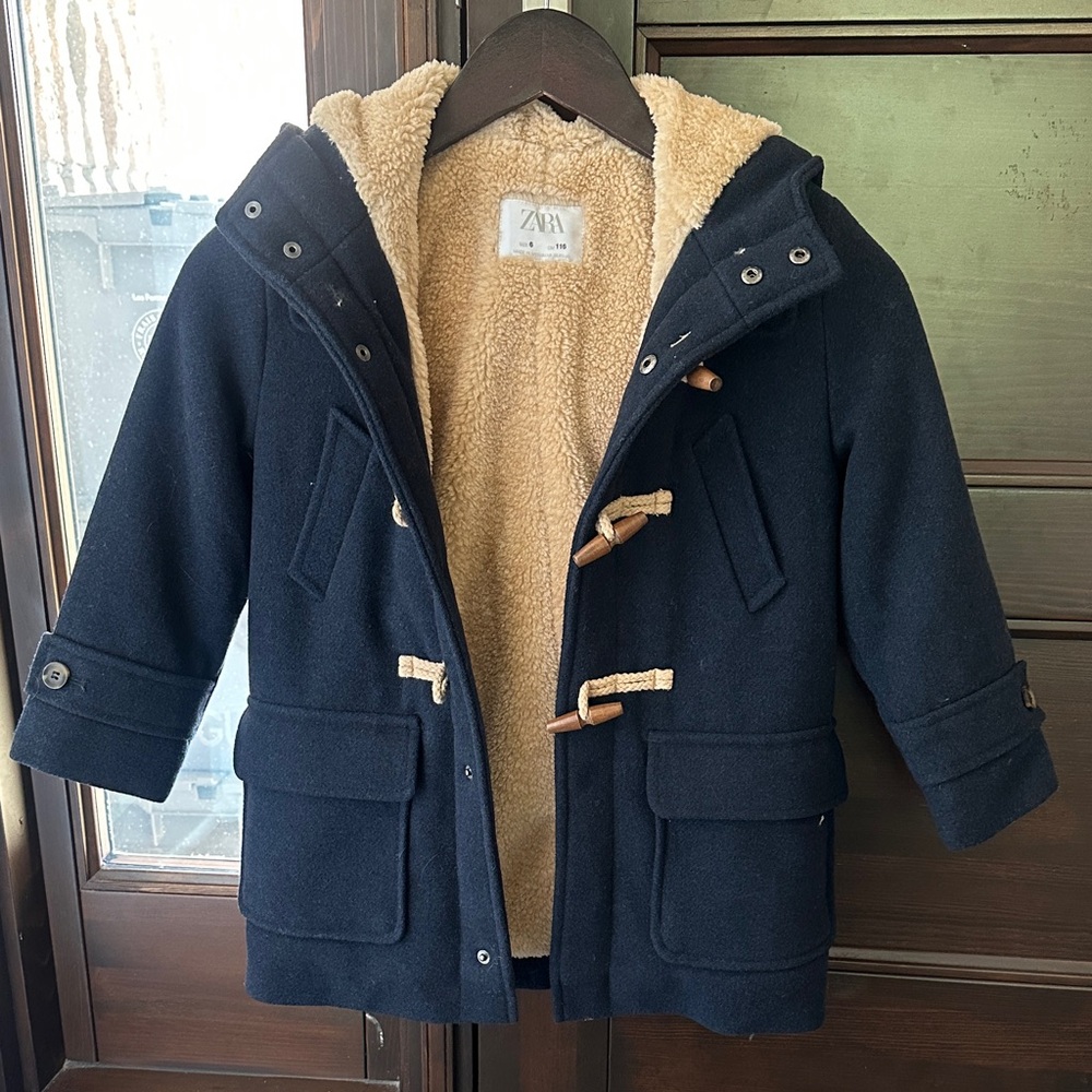 Zara Kids Dark Blue Pea Coat with Cream Lining